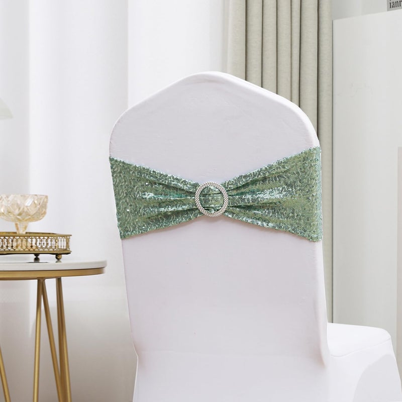 SINSSOWL Sequin Sage Green Chair Sashes 50 Pack, Sage Chairs Bows for Party, Glitter Chair Bands with Silver Buckles for Wedding Banquets Birthday Anniversary Bridal Shower Events Decorations - Image 3